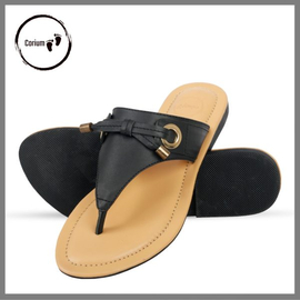 Ladies Flat Fashionable Sandal With Metal Accessories High Quality Leather, Color: Black, Size: 35