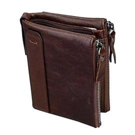 Brown 100% Leather Card Holder and Two Zipper Pockets Wallet for Men