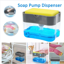 2 In1 Kitchen Liquid Soap Pump Dispenser Sponge Holder Press Countertop Rack With Sponge Holder Kitchen Cleaner Tool Gray, 2 image