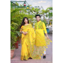 Couple Saree and Panjabi Green and Yellow, Size: 40