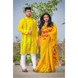 Couple Saree and Panjabi Light Yellow & Red, Size: 40