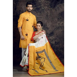 Couple Saree and Panjabi Light Yellow & White, Size: 40
