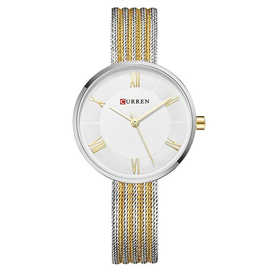 CURREN 9020 Silver And Golden Two-Tone Mesh Stainless Steel Analog Watch For Women - White & Golden