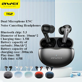 Awei T62 TWS Wireless Earbuds Bluetooth 5.3 Environmental Noise Cancelling with Double Mic Headset, 2 image