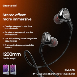 Remax RM-655i Metal Wired Earphone For Music & Call Stereo HD Sound Quality For iPhone, 2 image