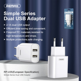 Remax RP-U35 Jane Series Dual USB Charger 2.1A EU Plug, 3 image