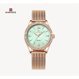 NAVIFORCE NF5028 Rose Gold Mesh Stainless Steel Analog Watch For Women - Green & Rose Gold