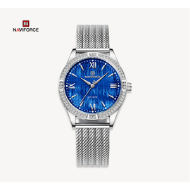 NAVIFORCE NF5028 Silver Mesh Stainless Steel Analog Watch For Women - Royal Blue & Silver