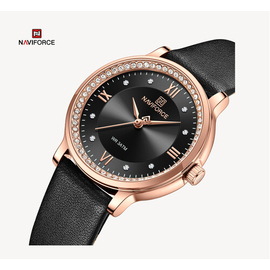 NAVIFORCE NF5036 Black PU Leather Analog Watch For Women - Rose Gold & Black, 2 image