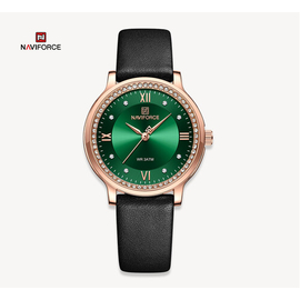 NAVIFORCE NF5036 Black PU Leather Analog Watch For Women - Green & Black