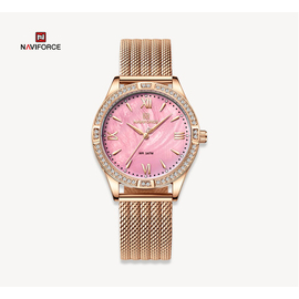 NAVIFORCE NF5028 Rose Gold Mesh Stainless Steel Analog Watch For Women - Pink & Rose Gold