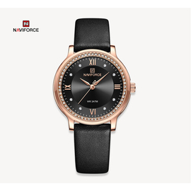 NAVIFORCE NF5036 Black PU Leather Analog Watch For Women - Rose Gold & Black