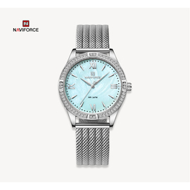 NAVIFORCE NF5028 Silver Mesh Stainless Steel Analog Watch For Women - Sky Blue & Silver