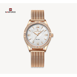 NAVIFORCE NF5028 Rose Gold Mesh Stainless Steel Analog Watch For Women - White & Rose Gold