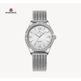 NAVIFORCE NF5028 Silver Mesh Stainless Steel Analog Watch For Women - White & Silver