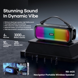 Remax RB-M25 Wireless Bluetooth Speaker IPX5 Waterproof Cool RGB Lighting Hifi Bass Loud Speaker, 2 image
