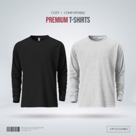 Men's Premium Blank Full Sleeve T Shirt Combo - Black, Gray Melange
