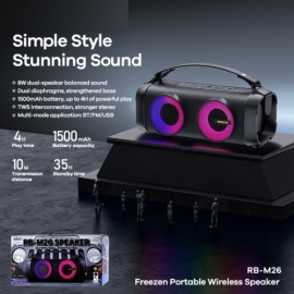 Remax RB-M26 Freezen Series TWS Wireless Bluetooth Speaker Stunning Bass Powerful Vibe With RGB Lighting, 2 image