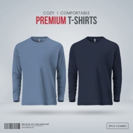 Men's Premium Blank Full Sleeve T Shirt Combo - Stellar and Navy