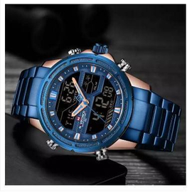 NAVIFORCE NF9138 Blue Stainless Steel Dual Time Wrist Watch For Men - Blue & RoseGold, 3 image