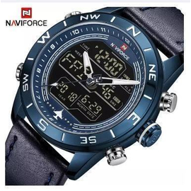 NAVIFORCE NF9144 Navy Blue PU Leather Dual Time Wrist Watch For Men - Royal Blue