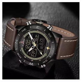 NAVIFORCE NF9144 Dark Brown PU Leather Dual Time Wrist Watch For Men - Dark Brown & Black, 4 image