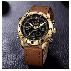 NAVIFORCE NF9144 Brown PU Leather Dual Time Wrist Watch For Men - Brown & Golden, 3 image