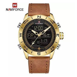 NAVIFORCE NF9144 Brown PU Leather Dual Time Wrist Watch For Men - Brown & Golden