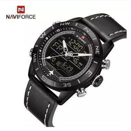 NAVIFORCE NF9144 Black PU Leather Dual Time Wrist Watch For Men - Black & White