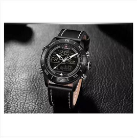 NAVIFORCE NF9144 Black PU Leather Dual Time Wrist Watch For Men - Black & White, 5 image