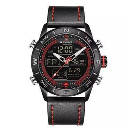 NAVIFORCE NF9144 Black PU Leather Dual Time Wrist Watch For Men - Black & Red, 2 image