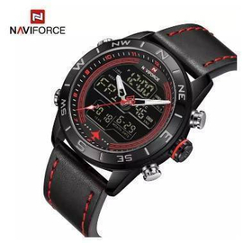 NAVIFORCE NF9144 Black PU Leather Dual Time Wrist Watch For Men - Black & Red