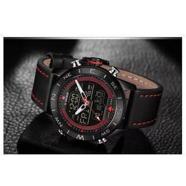 NAVIFORCE NF9144 Black PU Leather Dual Time Wrist Watch For Men - Black & Red, 4 image