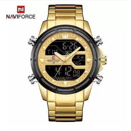 NAVIFORCE NF9138 Golden Stainless Steel Dual Time Wrist Watch For Men - Golden & Black