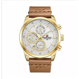 NAVIFORCE NF9148 Brown PU Leather Chronograph Watch For Men - Golden & Brown