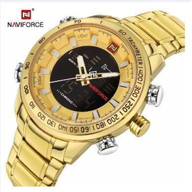 NAVIFORCE NF9093 GOLDEN STAINLESS STEEL DUAL TIME WATCH FOR MEN, 2 image