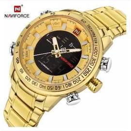 NAVIFORCE NF9093 GOLDEN STAINLESS STEEL DUAL TIME WATCH FOR MEN, 3 image