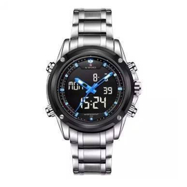 NF9050 Stainless Steel Dual Display Wrist Watch - Silver and Blue