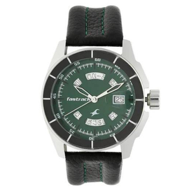 Fastrack Green Dial Black Leather Strap Watch