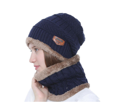 Warm Knitted Skull Cap with Scarf-Black