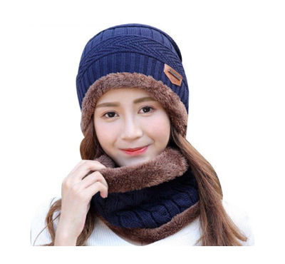 Warm Knitted Skull Cap with Scarf-Blue