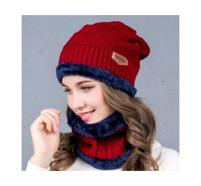 Warm Knitted Skull Cap with Scarf-Red