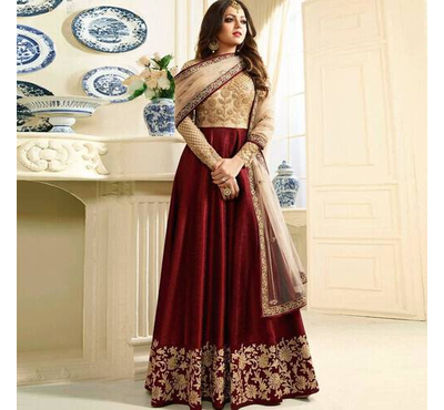 Unstiched Maroon & Golden Georgette Gown For Women