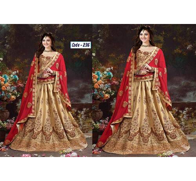 Unstitched Red & Golden Soft Georgette Lahenga for Women