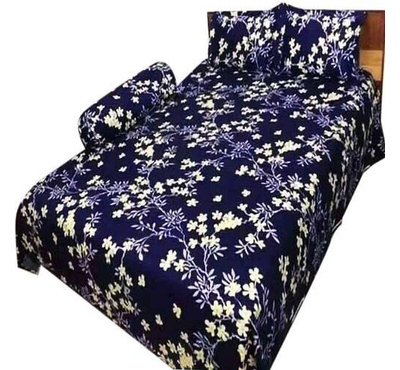 Floral Printed King Size Bed Sheet-Navy Blue