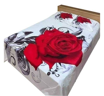 Red Rose Printed King Size Bed Sheet-White
