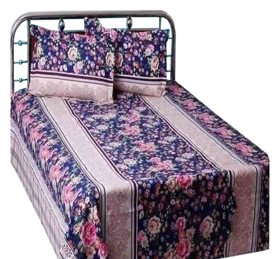 Rose Printed King Size Bed Sheet-Blue