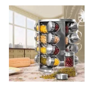 16 Pieces Rotating Stainless Steel Glass Spice Jar Rack