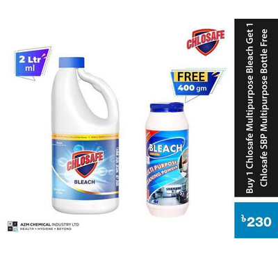 Buy 1 Chlosafe Multipurpose Bleach 2Ltr Get 1, Chlosafe SBP Multiporpose  400gm Bottle free.