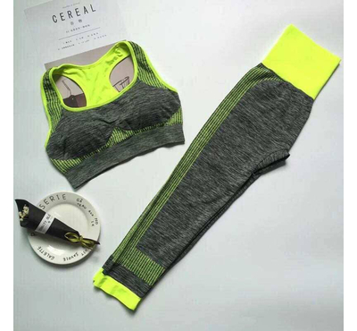 New Seamless Sports Bra and Pant Set -Gray & Green, Size: M